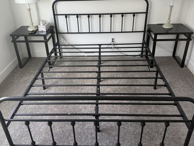 Black Metal Platform Bed Frame with Headboard and Slats Queen Size