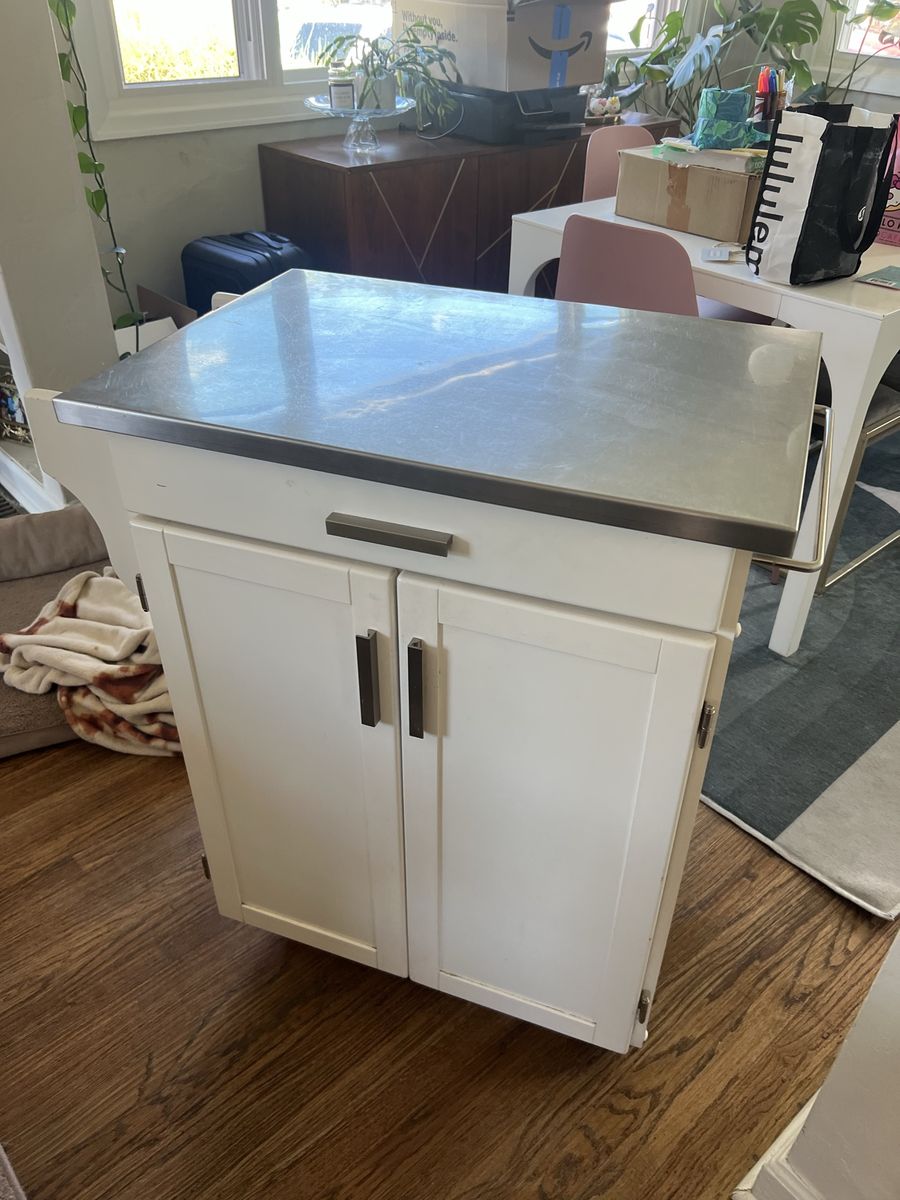 White Kitchen Cart Island with Stainless Steel Top - Storage Drawer & Cabinets