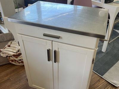 White Kitchen Cart Island with Stainless Steel Top - Storage Drawer & Cabinets