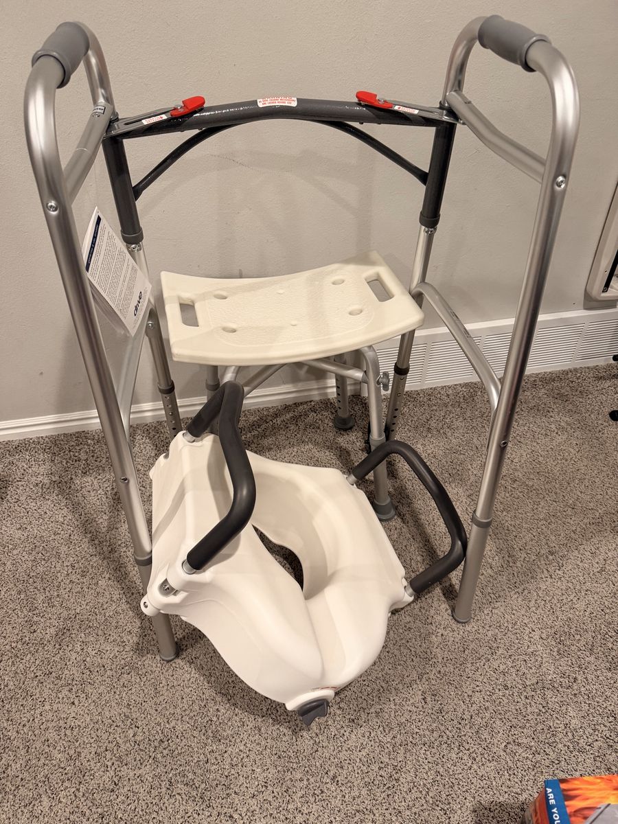 Shower chair, raised toilet seat, Walker