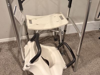 Shower chair, raised toilet seat, Walker