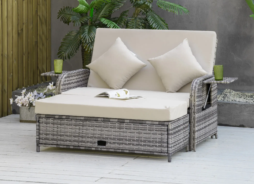 Outdoor Bed Lounger Loveseat w/Storage Ottoman