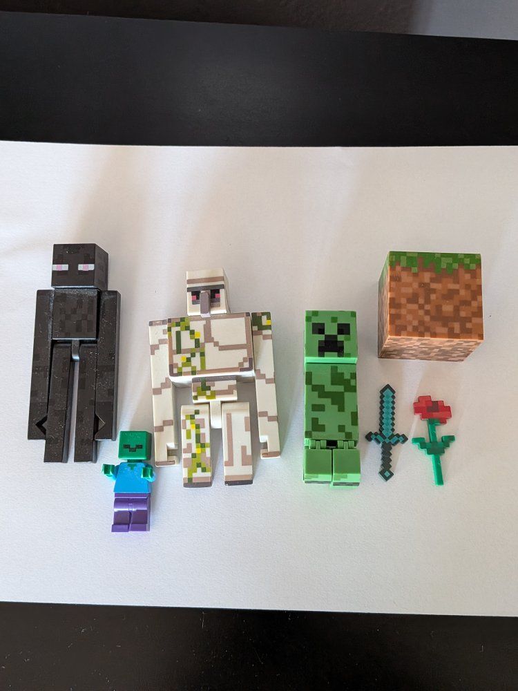 Minecraft Action Figure Lot: Enderman, Iron Golem, Creeper, Zombie, Block, Sword, Rose