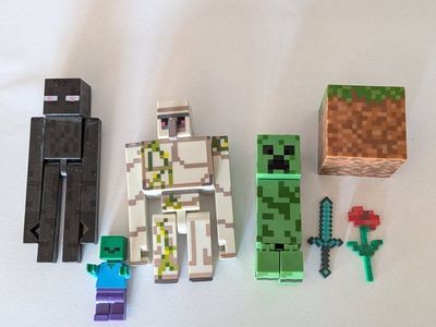 Minecraft Action Figure Lot: Enderman, Iron Golem, Creeper, Zombie, Block, Sword, Rose