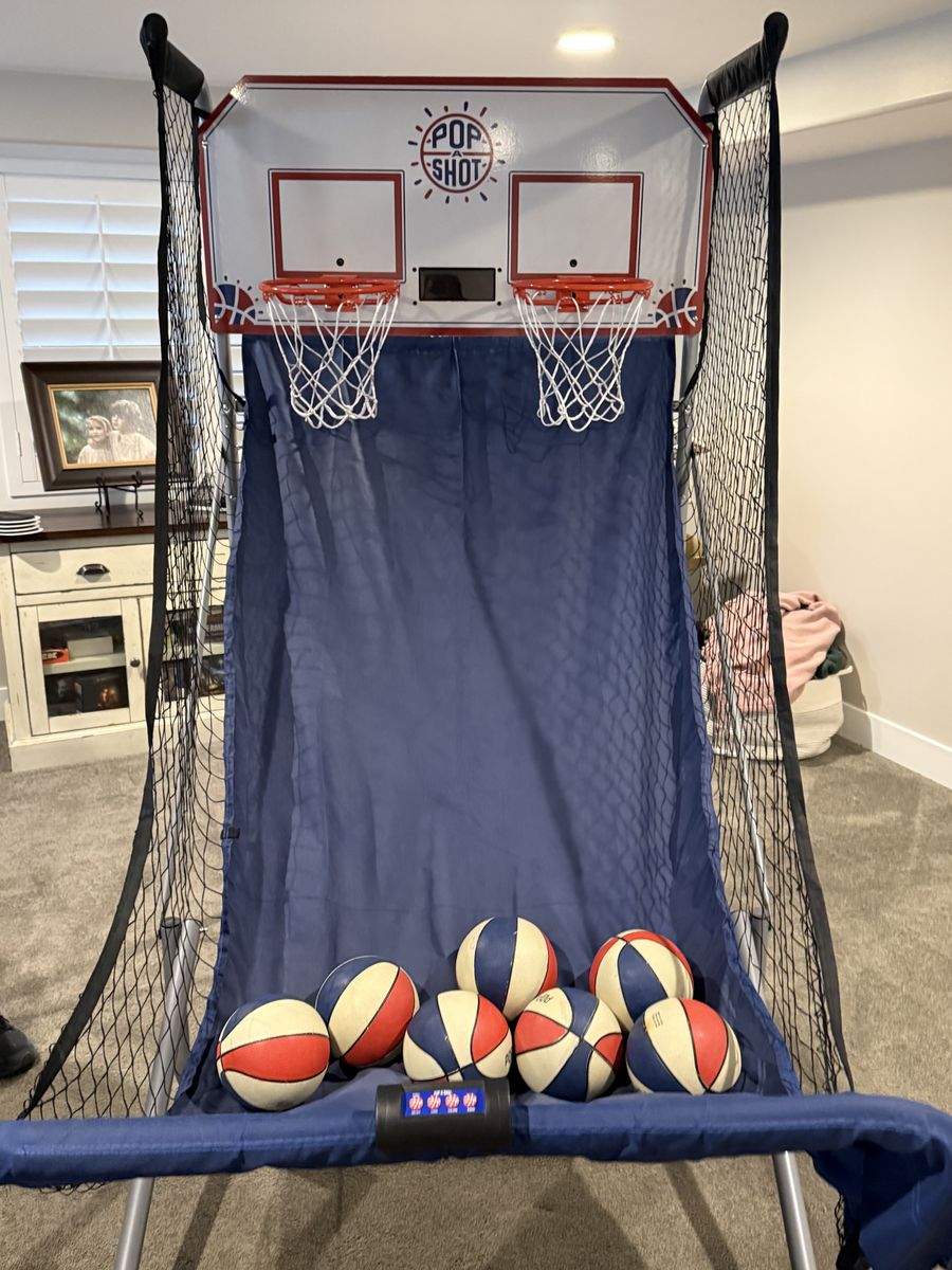 Pop-A-Shot Arcade Basketball Game w/ 7 Mini Basketballs - Dual Hoops & Electronic Scoring