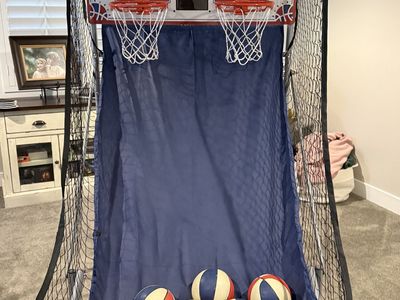 Pop-A-Shot Arcade Basketball Game w/ 7 Mini Basketballs - Dual Hoops & Electronic Scoring