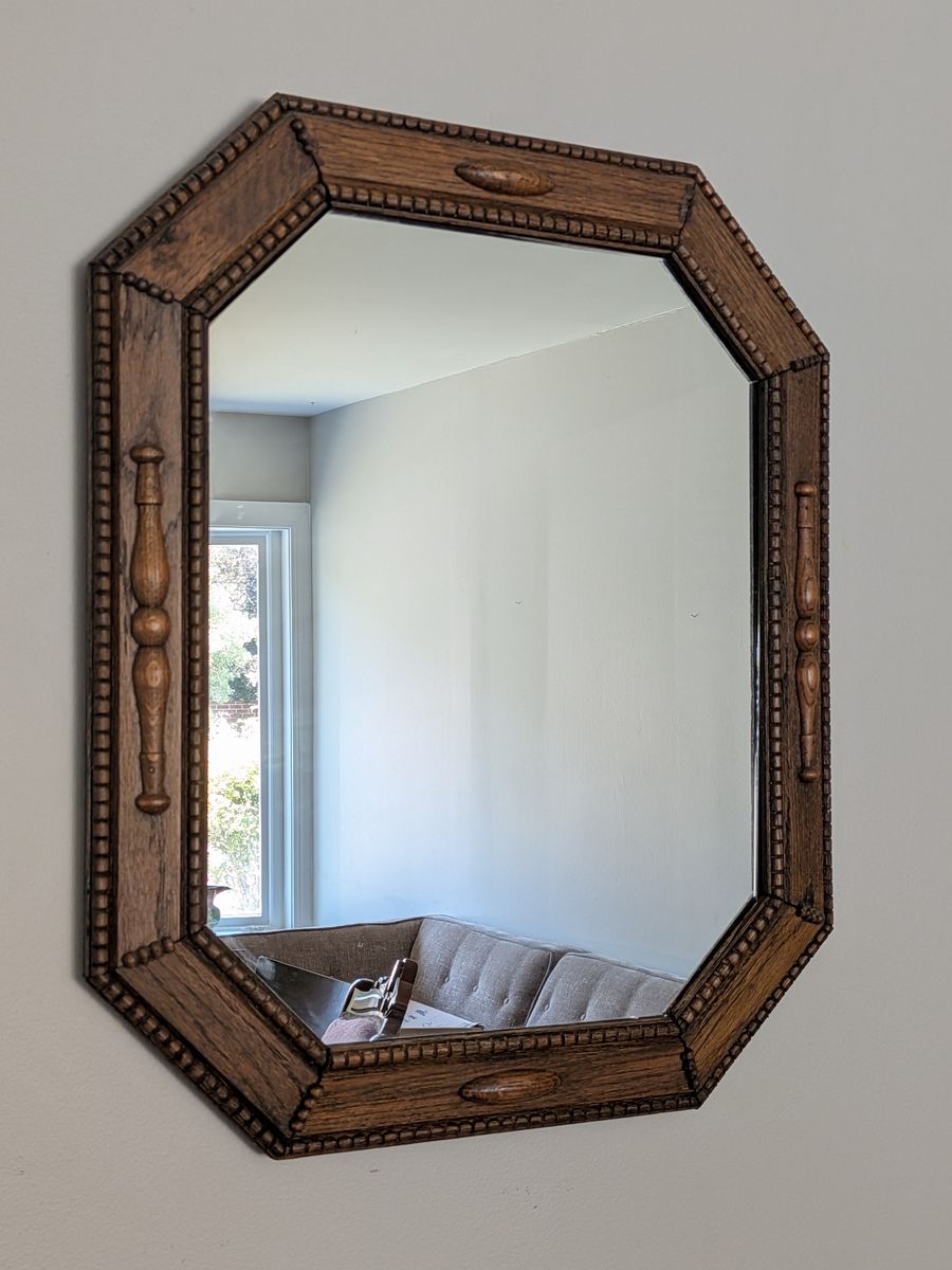 Early 20th Century Art Deco Antique Solid Oak Bevelled Mirror