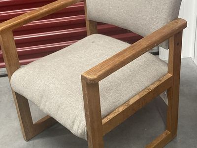 Vintage Mid-Century Modern Wood Frame Armchair - Light Gray Upholstery
