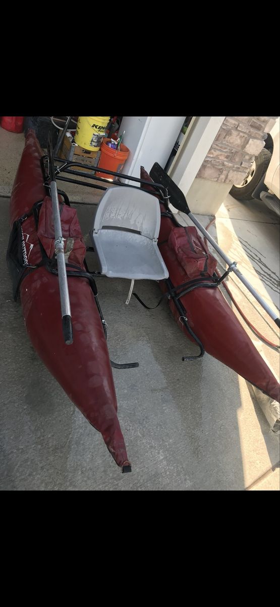 Red Personal Pontoon Fishing Boat with Oars & Seat