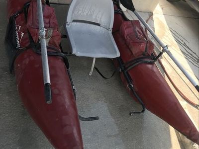 Red Personal Pontoon Fishing Boat with Oars & Seat