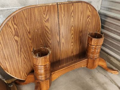 Large wooden table w/ 4 extra leaves, 3 original chairs