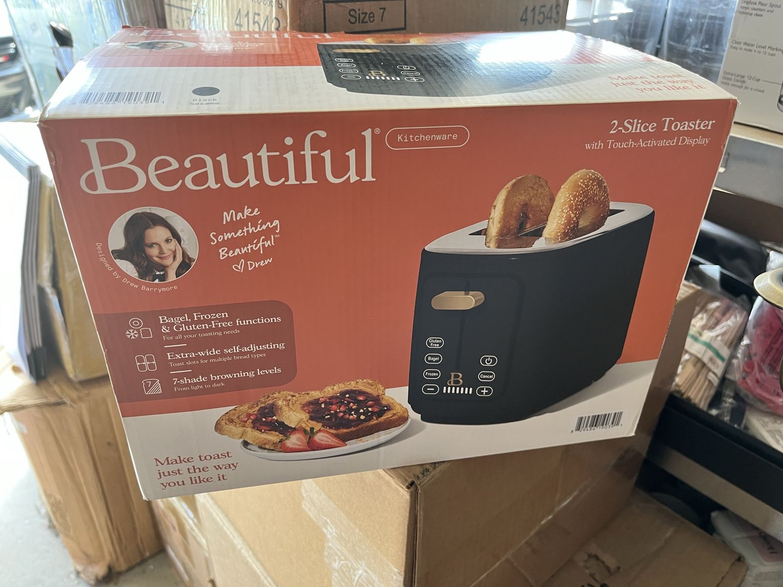 Beautiful by Drew Barrymore 2-Slice Toaster, Black with Touch-Activated Display, Wide Slots