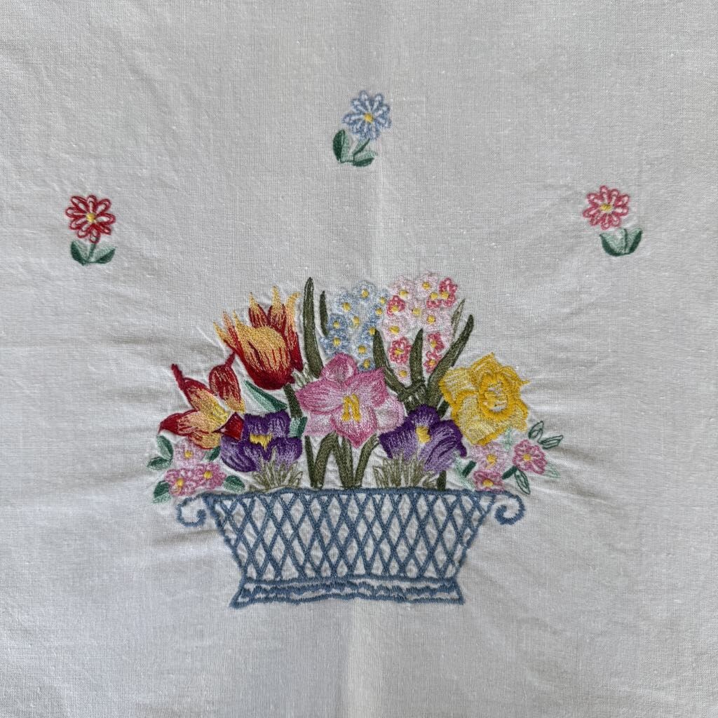 Vintage Embroidered Table Runner - Basket of Flowers - Handmade - 48" x 14"