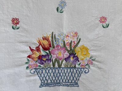 Vintage Embroidered Table Runner - Basket of Flowers - Handmade - 48" x 14"