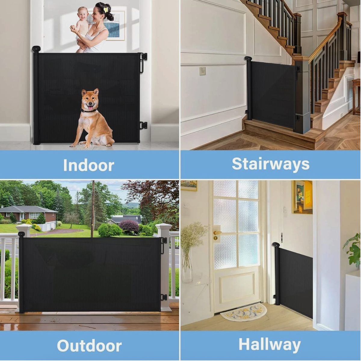 PRObebi Retractable Baby Gate Dog Gate for Stairs Doorways 0-54" Wide Black