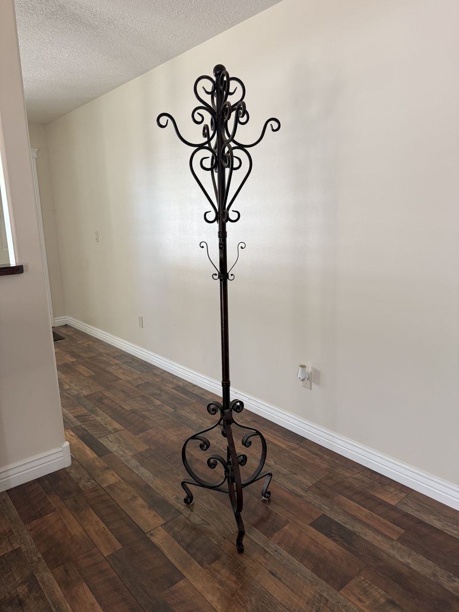 Wrought Iron Coat Rack Stand with Scrollwork Details