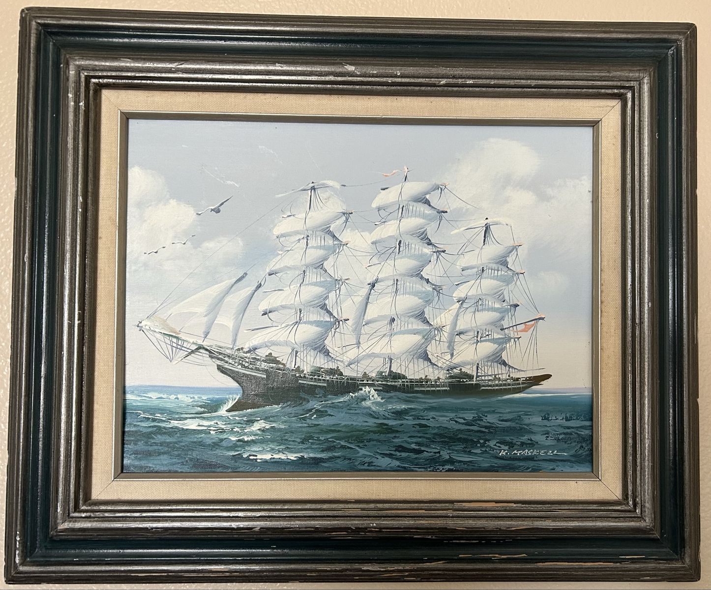 Vintage K. Maskell Original Oil Painting - Tall Ship in Rough Seas Nautical Art - Framed, Signed