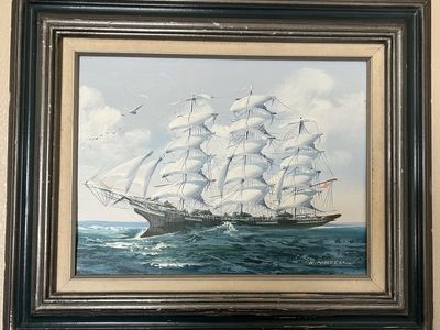 Vintage K. Maskell Original Oil Painting - Tall Ship in Rough Seas Nautical Art - Framed, Signed