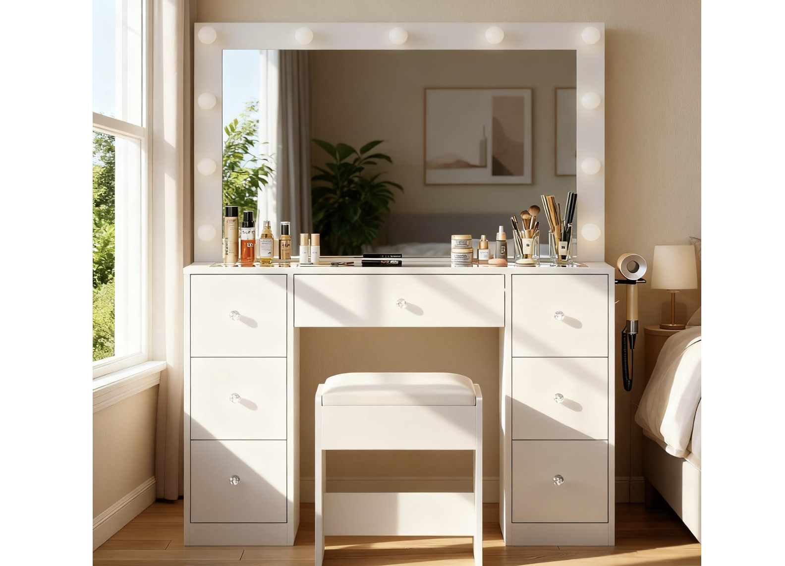 New in Box Vanity Desk with Lighted Mirror and Power Outlet, with 7 Drawers and 11 LED Lights,