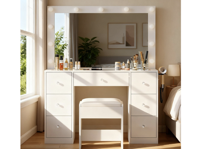 New in Box Vanity Desk with Lighted Mirror and Power Outlet, with 7 Drawers and 11 LED Lights,