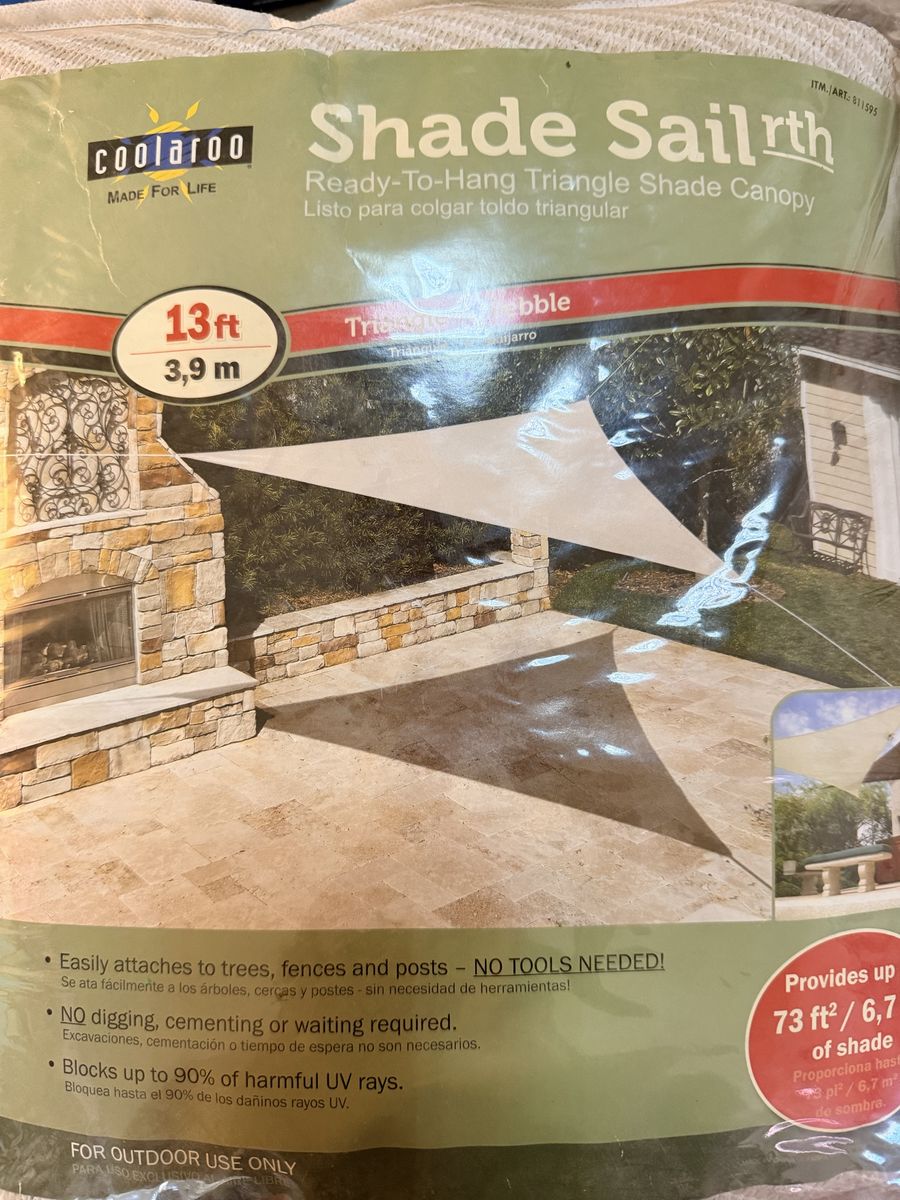 Coolaroo 13ft Ready-to-Hang Triangle Shade Sail Canopy - Pebble, 90% UV Block