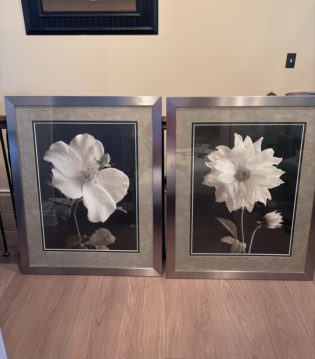 Pair Of Serene black and white floral framed prints 36x46 each
