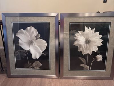 Pair Of Serene black and white floral framed prints 36x46 each