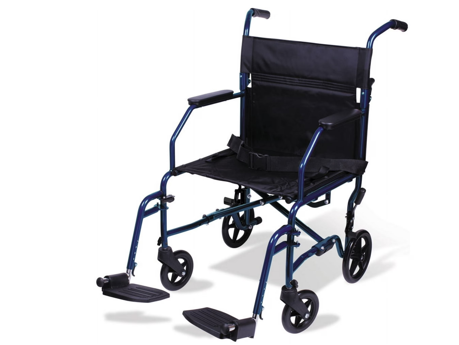 New in Box Carex Steel Transport Chair with 19" Seat, Swing-Away Footrests, Blue, 300 lb Weight Capacity