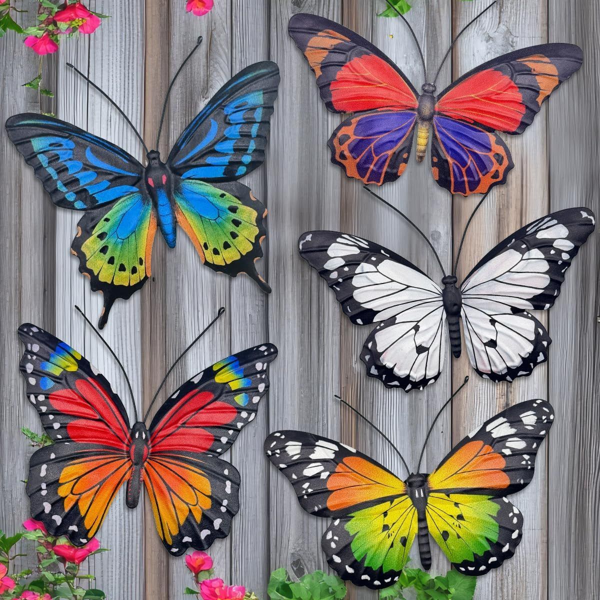 Metal Butterfly Wall Art Outdoor Decor - 5 Pack Metal Butterflies Wall Sculpture Hanging Decor - BA1