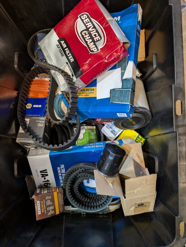 Misc Bin of Auto and Industrial Filters, Belts, O2 Sensors, and more
