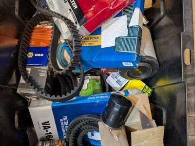 Misc Bin of Auto and Industrial Filters, Belts, O2 Sensors, and more