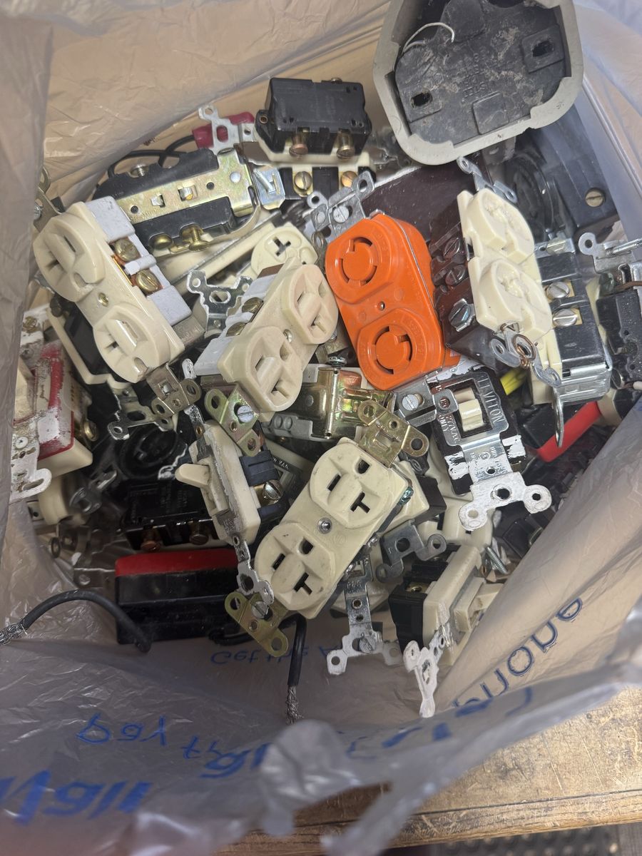 Used 15 and 20 amp duplex, outlets, and assorted other electrical items. Lots of ivory covers, all different sizes..
