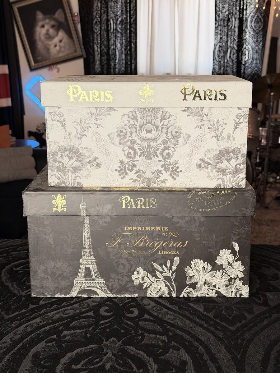 2 Paris Decorative Storage Boxes - Eiffel Tower & Floral Decor, Gold Lettering, Beautiful!