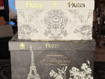 2 Paris Decorative Storage Boxes - Eiffel Tower & Floral Decor, Gold Lettering, Beautiful!