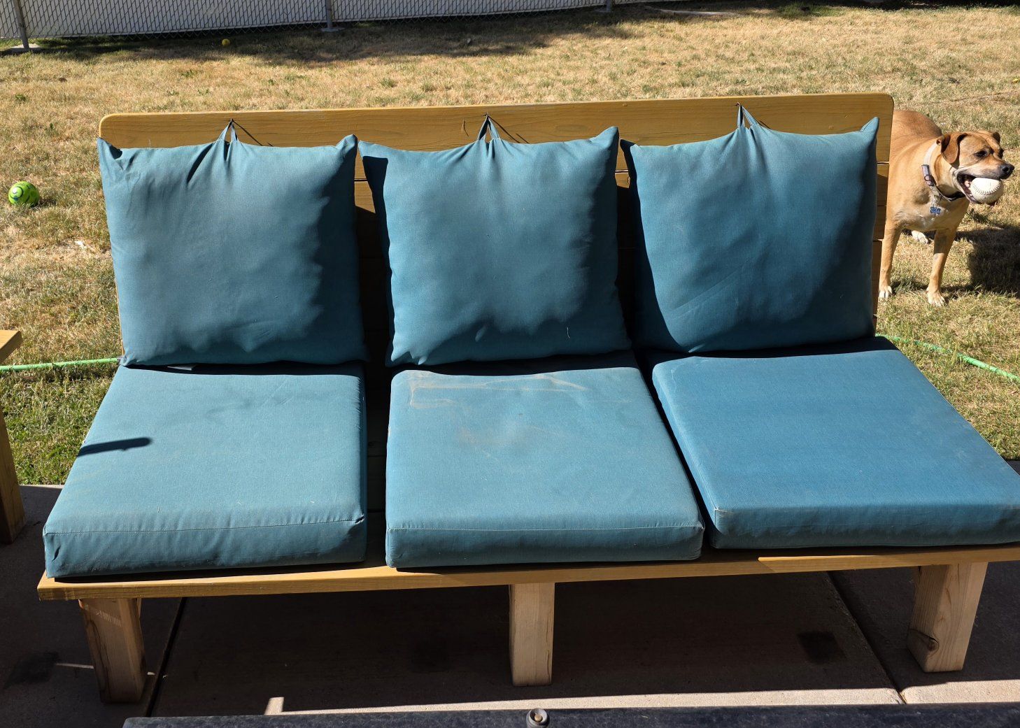 2 outdoor benches with cushions.
