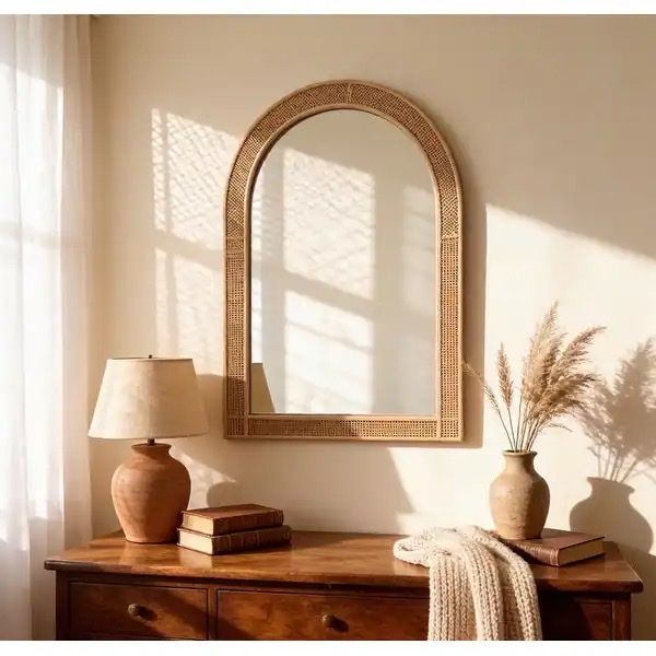 Arch Wicker Rattan Framed Wall Mirror Boho Decor