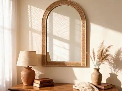 Arch Wicker Rattan Framed Wall Mirror Boho Decor