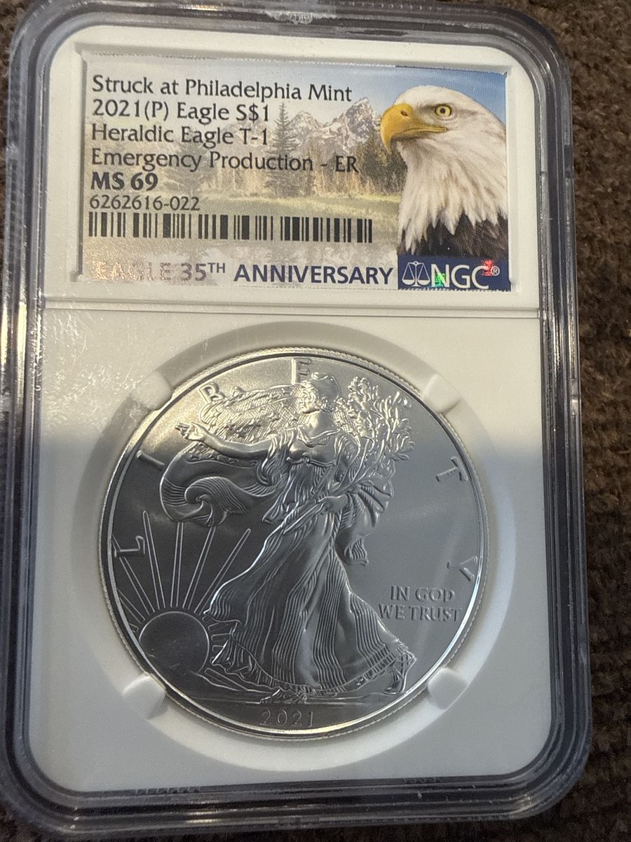 2021(P) American Silver Eagle S$1 Heraldic T-1 Emergency Production NGC MS 69 - 35th Anniversary