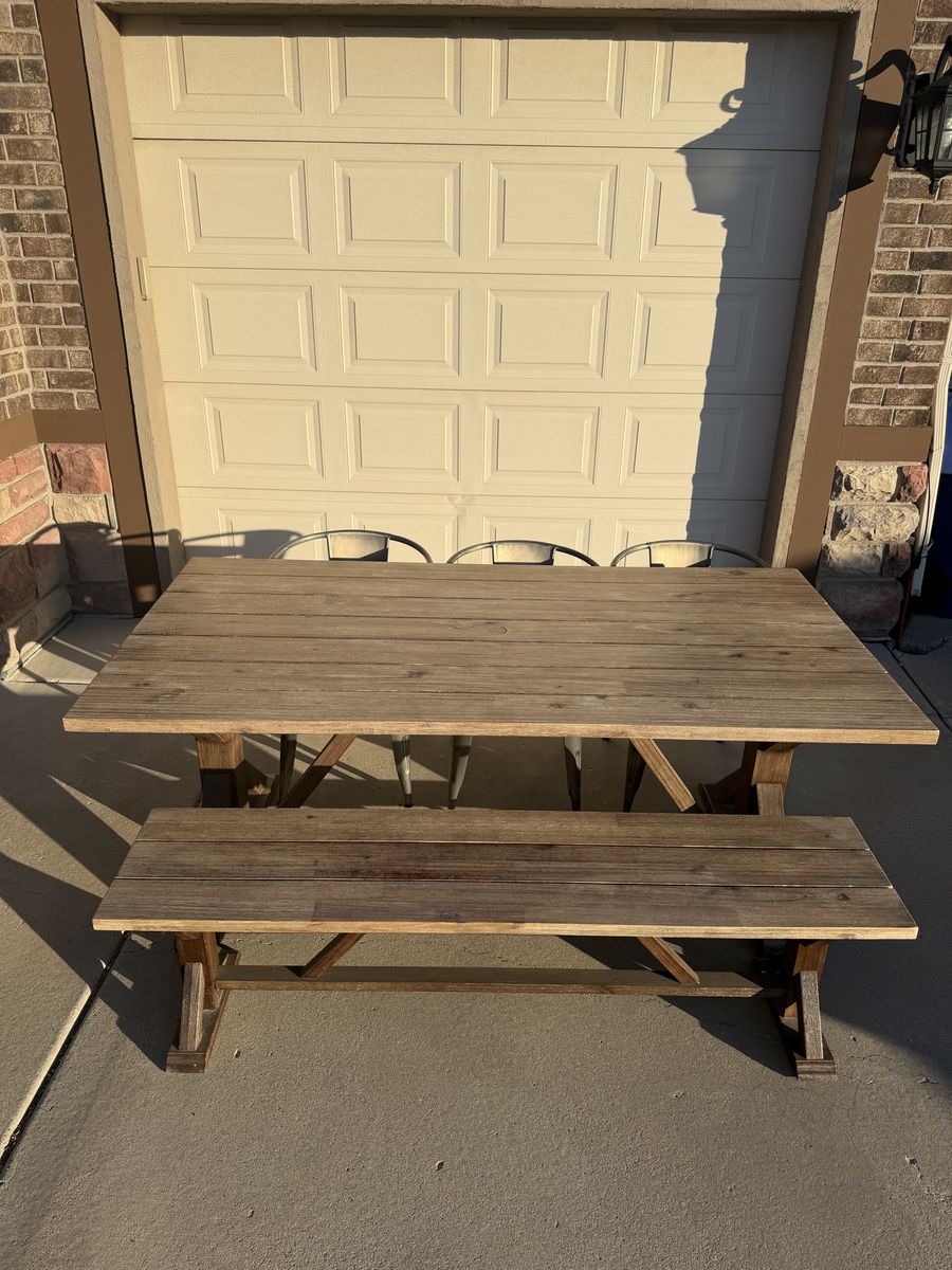 Rustic Wood Dining Set 74x38 Table with Bench and 3 Metal Chairs