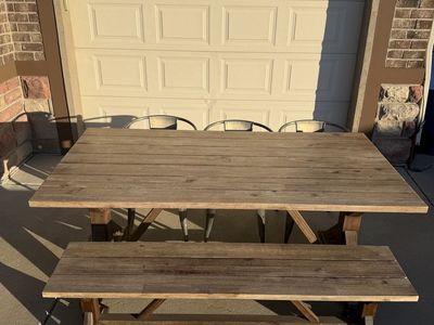 Rustic Wood Dining Set 74x38 Table with Bench and 3 Metal Chairs