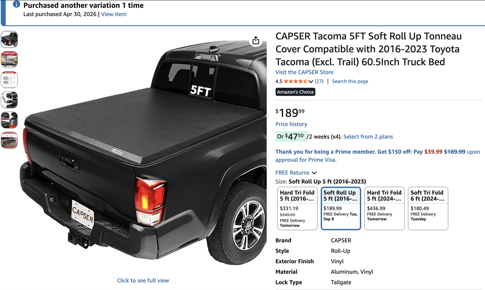 Toyota Tacoma Bed Cover - CAPSER Tacoma 5FT Soft Roll Up Tonneau Cover Compatible with 2016-2023 Toyota Tacoma