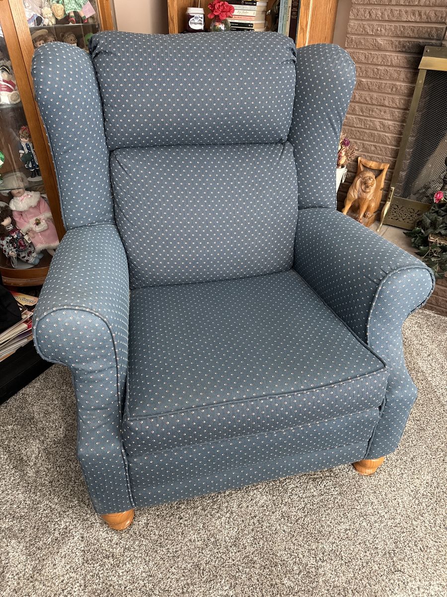 Wingback Recliner Chair - Blue Dotted Upholstery, Traditional Style, Comfortable Seating