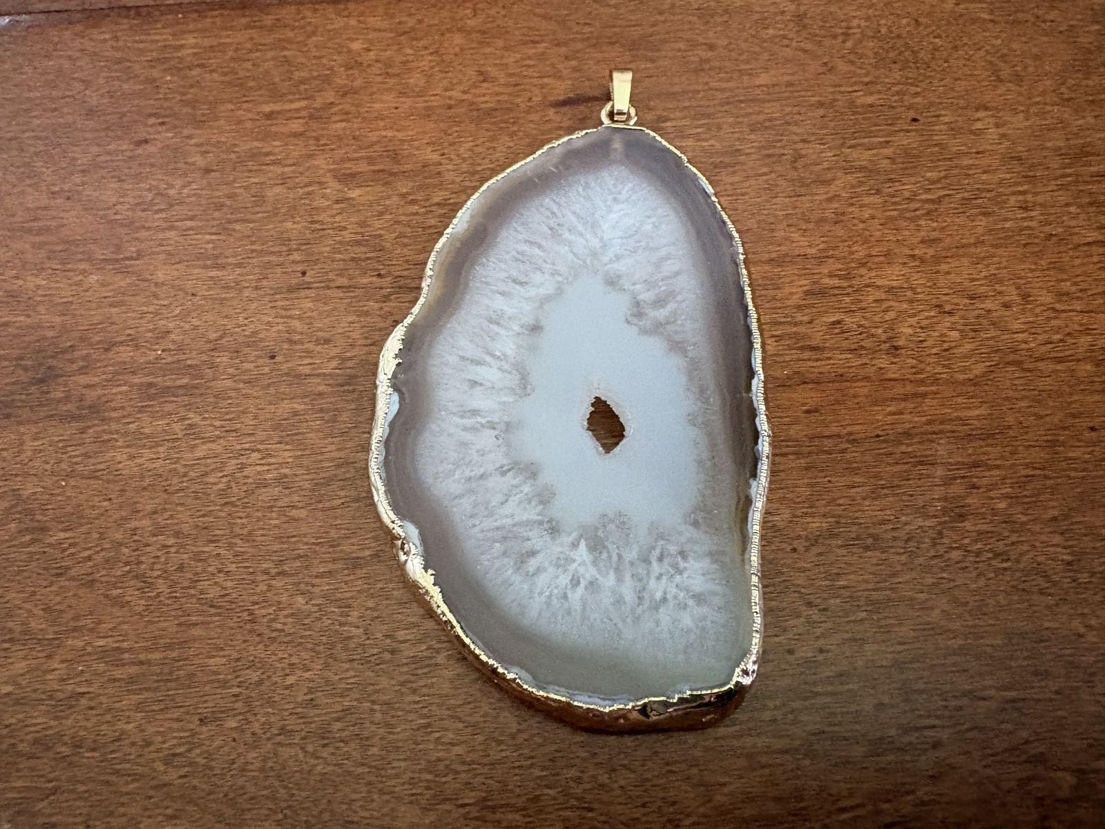 Large Tan Slice Of Agate Pendant W/ Gold Edge
