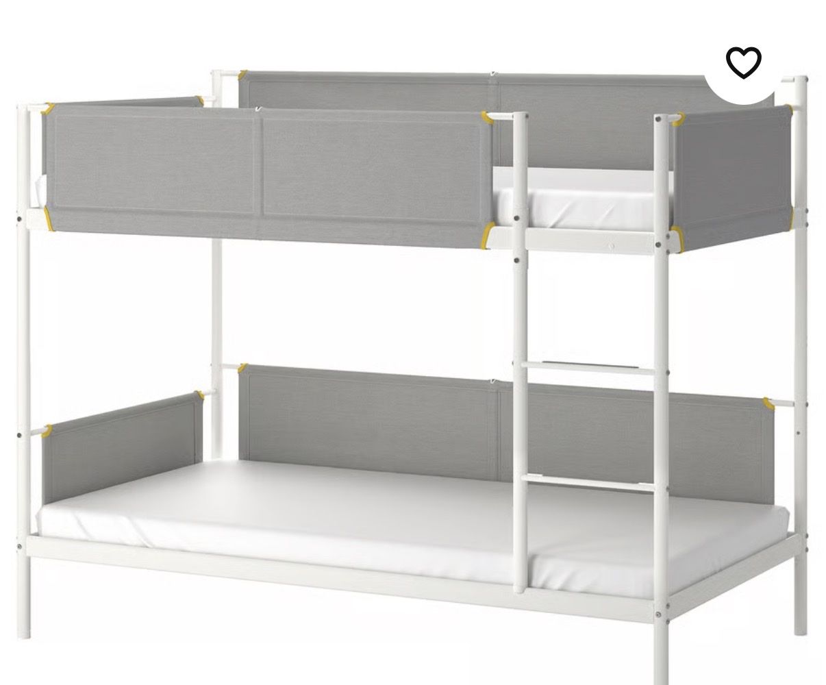 IKEA MYDAL Bunk Bed Frame White - Solid Pine Wood, Gray Safety Rails, WITH mattresses