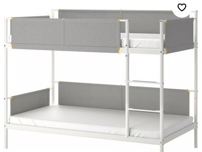 IKEA MYDAL Bunk Bed Frame White - Solid Pine Wood, Gray Safety Rails, WITH mattresses