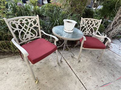 Simple metal patio set with 2 chairs and table (cushions and pot not included)