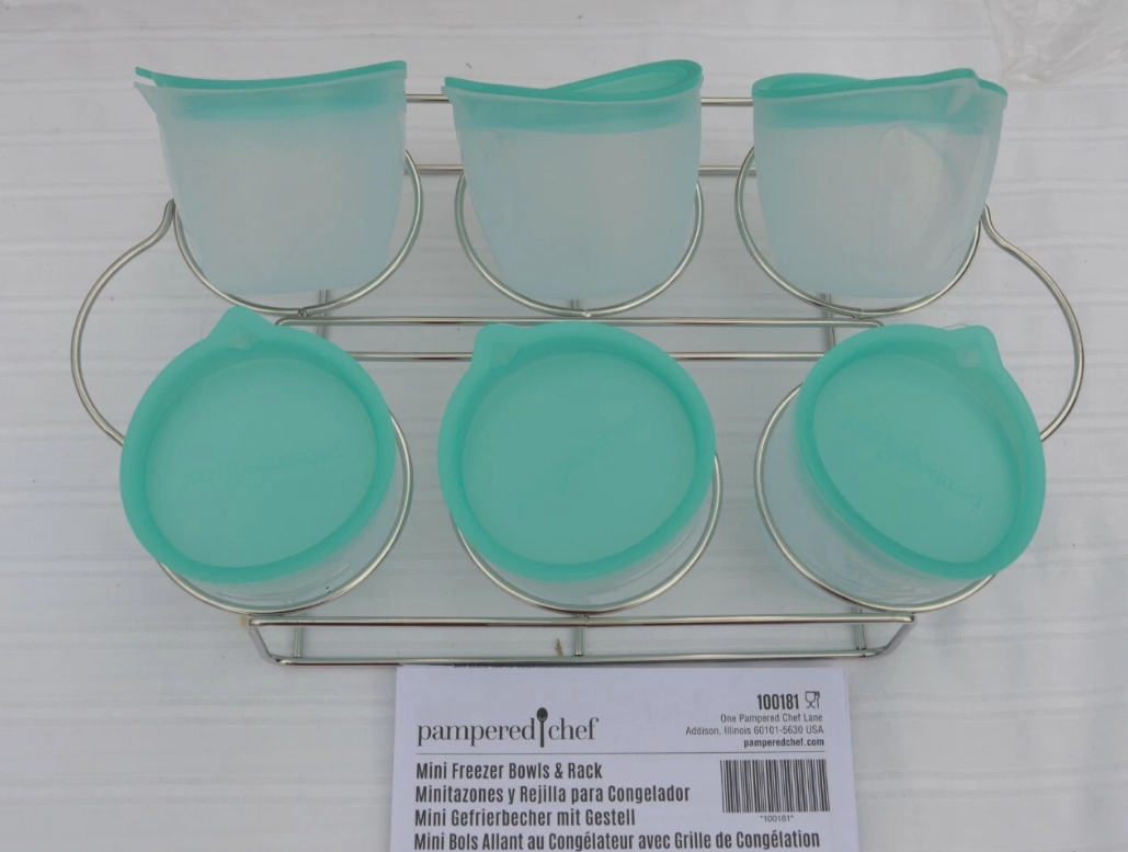 Pampered Chef Mini Freezer bowls & Rack, NEW! In original packaging.