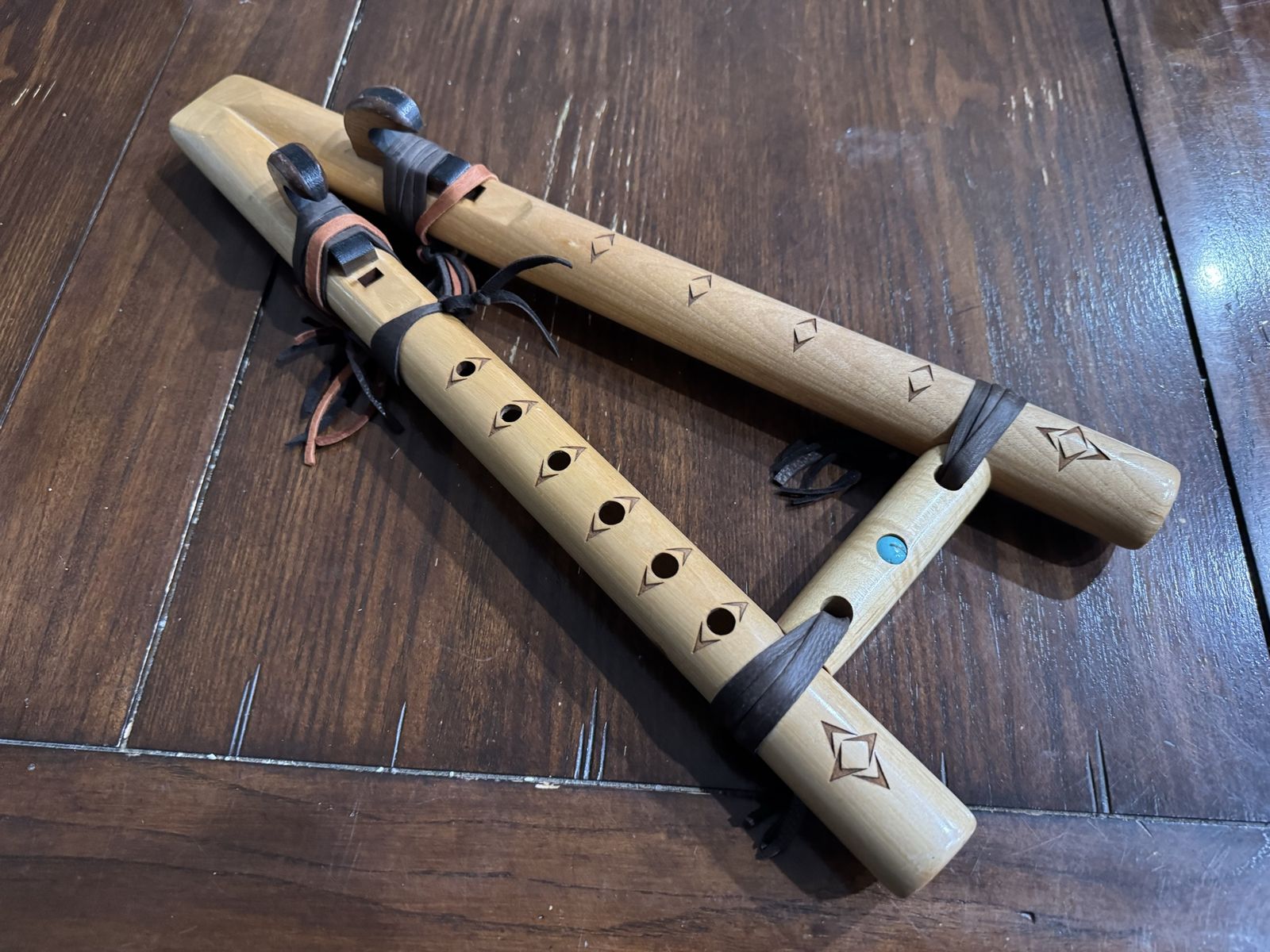 Handcrafted Native American Style double Flutes - Wooden Musical Instruments with Leather Accents