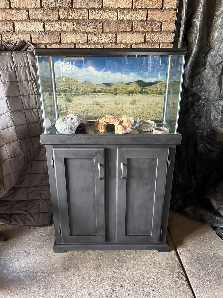 Glass Reptile Terrarium Aquarium Tank with Black Cabinet Stand and Accessories