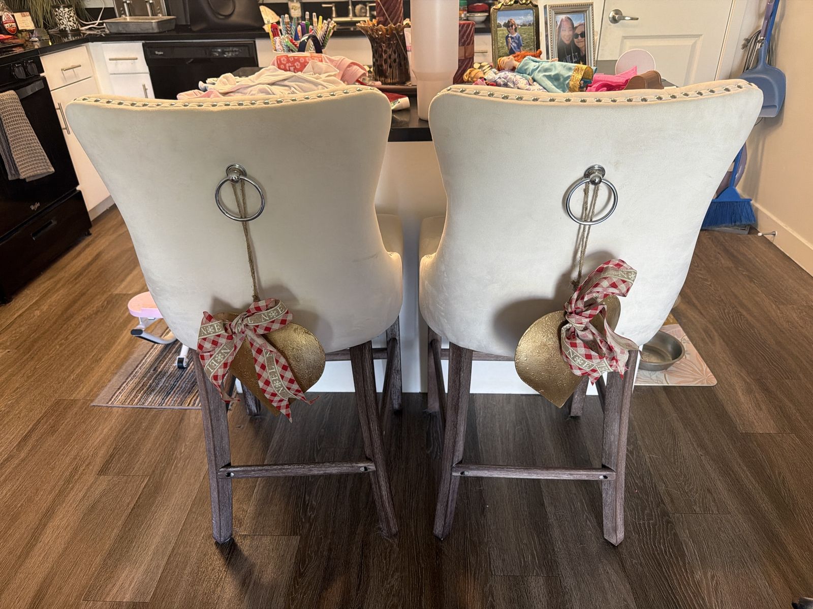 Pair of Counter Height Barstools - Tufted Cream Upholstery w/ Silver Accents
